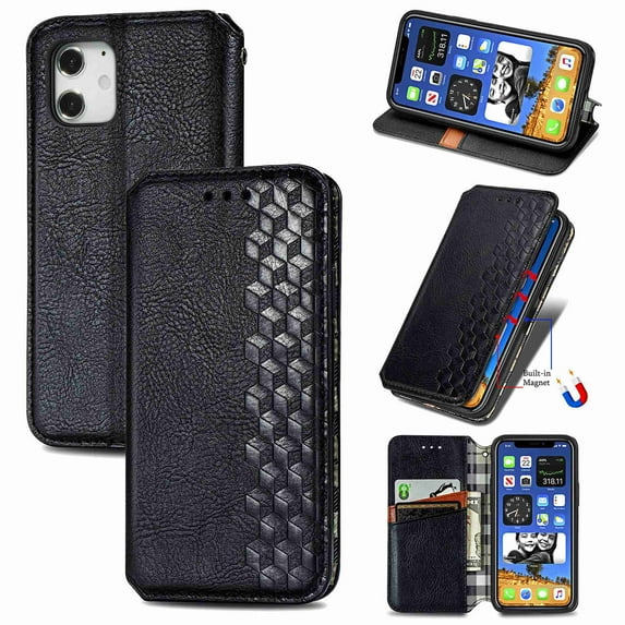 Dteck for Apple iPhone 12 Mini Premium Leather Case, Shockproof Wallet Cover Magnetic Flip Case Cash & Card Slot PU Leather Phone Cover (Black)