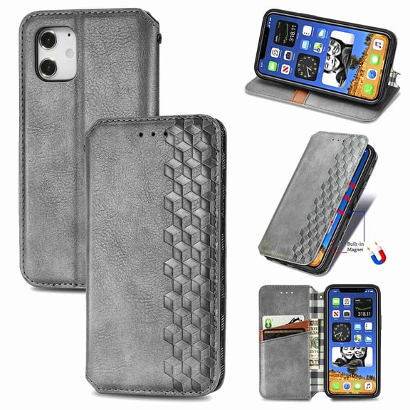 Dteck for Apple iPhone 12 Mini Premium Leather Case, Shockproof Wallet Cover Magnetic Flip Case Cash & Card Slot PU Leather Phone Cover (Gray)