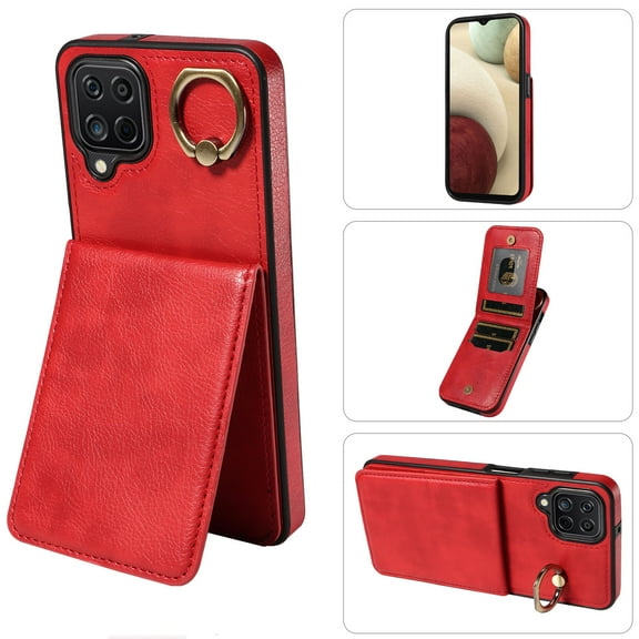 Dteck for Apple iPhone 13 Wallet Card Case, Shockproof Ring Holder Stand Slim PU Leather Phone Case for Men Women Thin Rugged Protective Cover, red