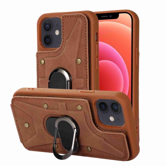 Dteck for Apple iPhone 13 Wallet Case, Shockproof Heavy Duty Flip PU Leather Ring Kickstand Card Holder Anti-Scratch Soft Protective Cover, brown