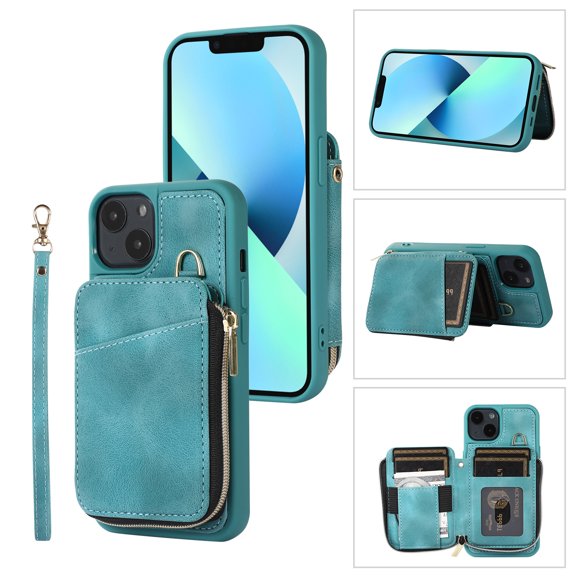 Dteck for Apple iPhone 14 Zipper Wallet Case, Magnetic Clasp Zipper Purse PU Leather Wallet Case with Credit Card Slot Holder Back Flip Cover, green