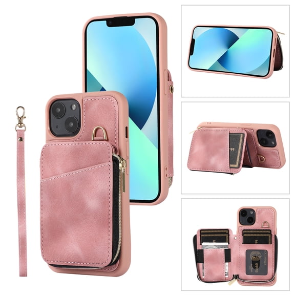 Dteck for Apple iPhone 14 Zipper Wallet Case, Magnetic Clasp Zipper Purse PU Leather Wallet Case with Credit Card Slot Holder Back Flip Cover, pink