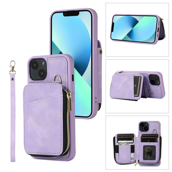 Dteck for Apple iPhone 14 Zipper Wallet Case, Magnetic Clasp Zipper Purse PU Leather Wallet Case with Credit Card Slot Holder Back Flip Cover, purple