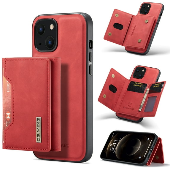 Dteck for Apple iPhone 15 Magnetic Case, Retro PU Leather Wallet Case Detachable with Trifold Wallet Cash Slot Credit Cards Holder Pocket, red