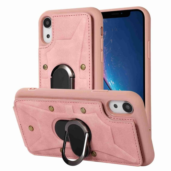 Dteck for Apple iPhone XR Wallet Case, Shockproof Heavy Duty Flip PU Leather Ring Kickstand Card Holder Anti-Scratch Soft Protective Cover, pink