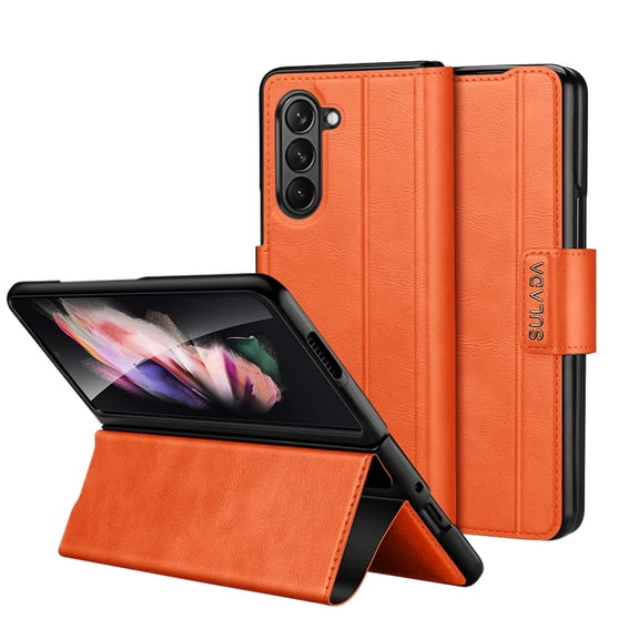 Dteck for Galaxy Z Fold 5 5G 2023 Case, Shockproof Retro Luxury PU Leather Flip Folio Kickstand Ultra Slim Hard Rugged Case Cover, Orange