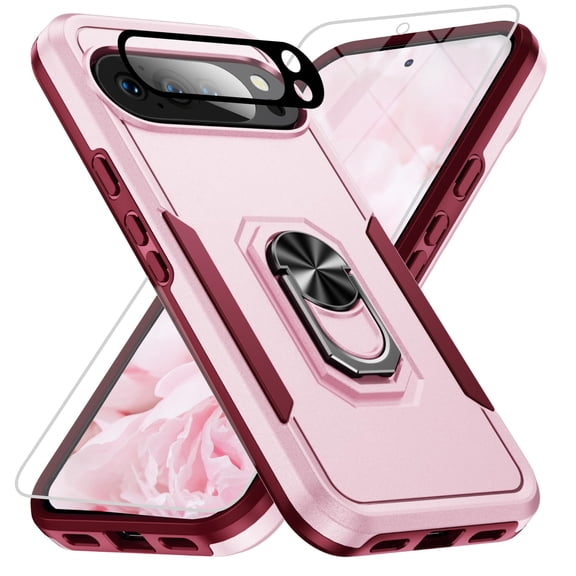 Dteck for Google Pixel 10 Pro XL Case with Screen Protector Camera Lens Cover, Heavy Duty Shockproof Kickstand Cover,Pink Rose