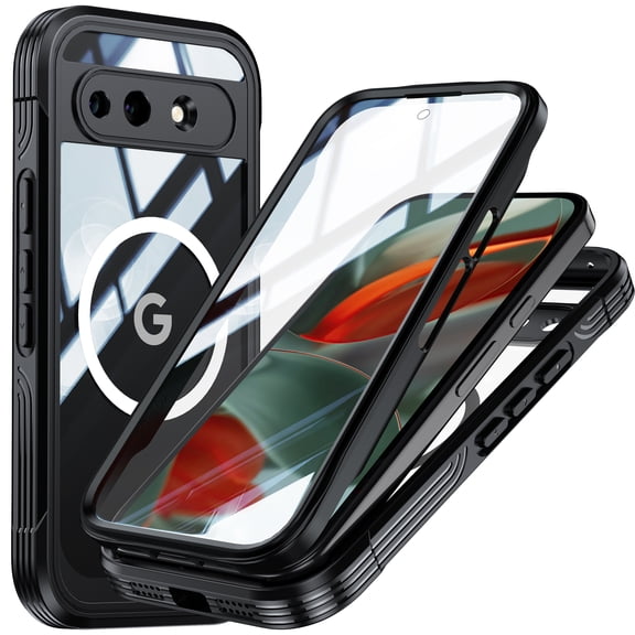 Dteck for Google Pixel 10A Case with Built-in Screen Protector, Compatible with MagSafe, Full Body Shockproof Clear Back Phone Cover,Black