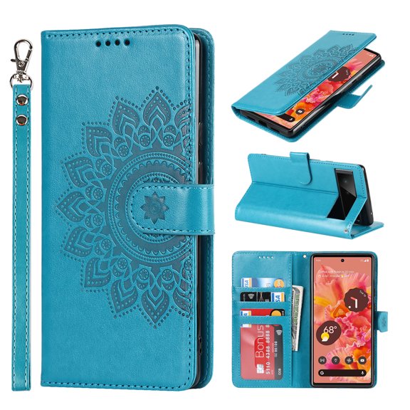 Dteck for Google Pixel 6 Case 6.4" 2021, PU Leather Print Flip Wallet Case with 3 Cart Slots Wrist Strap and Kickstand Shockproof Protective Case for Google Pixel 6 Ladies Women Boys Men, Blue