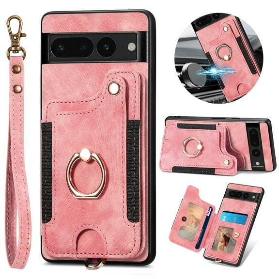 Dteck for Google Pixel 7 Case Wallet with Card Holder,Ring Stand,Wrist Strap,RFID-Blocking PU Leather Protective Magnetic Flip Cover, Pink