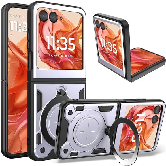 Dteck for Motorola Razr+ 2024 Case, for Razr Plus 2024 Case Metal Stand Ring Holder Heavy Duty,Slim Bumper Magnetic Shockproof Cases Cover, Silver