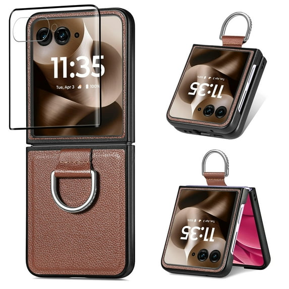 Dteck for Motorola Razr 2025 Case with Screen Protector and Ring Grip, Shockproof Protective Phone Thin Cover for Moto Razr 2025/2024,Brown