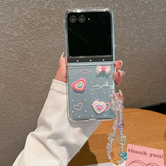 Dteck for Motorola Razr Plus 2025 Case with Strap Bracelet Chain, Lightweight Cute Stylish Anti Yellowing Clear Hard PC Shockproof Cover,Love