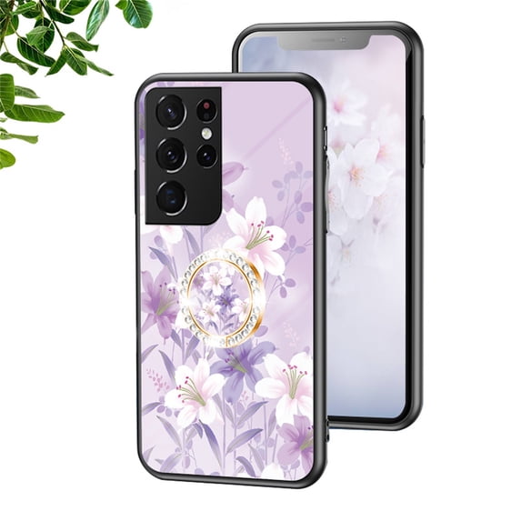 Dteck for Samaung Galaxy S21 Ultra Case 6.8" 2021, TPU Flexible Border with Ring Kickstand and Glass Protector Case for Samaung Galaxy S21 Ultra Girls and Women, Purple Magnolia