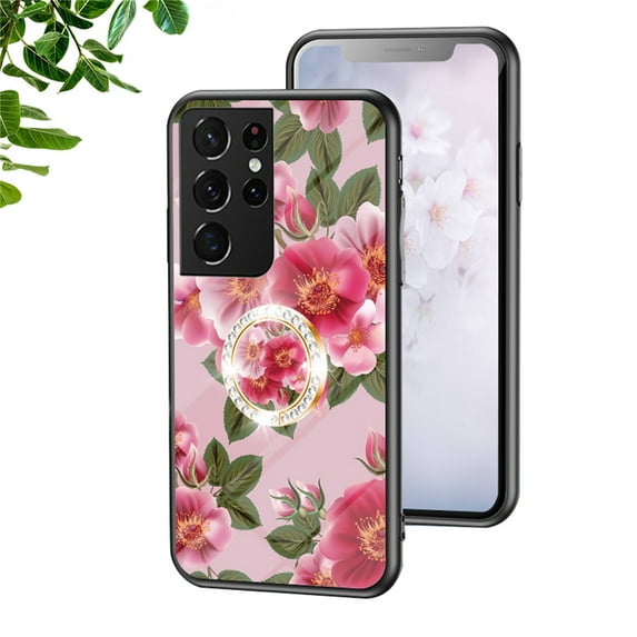 Dteck for Samaung Galaxy S21 Ultra Case 6.8" 2021, TPU Flexible Border with Ring Kickstand and Glass Protector Case for Samaung Galaxy S21 Ultra Girls and Women, Red Flowers