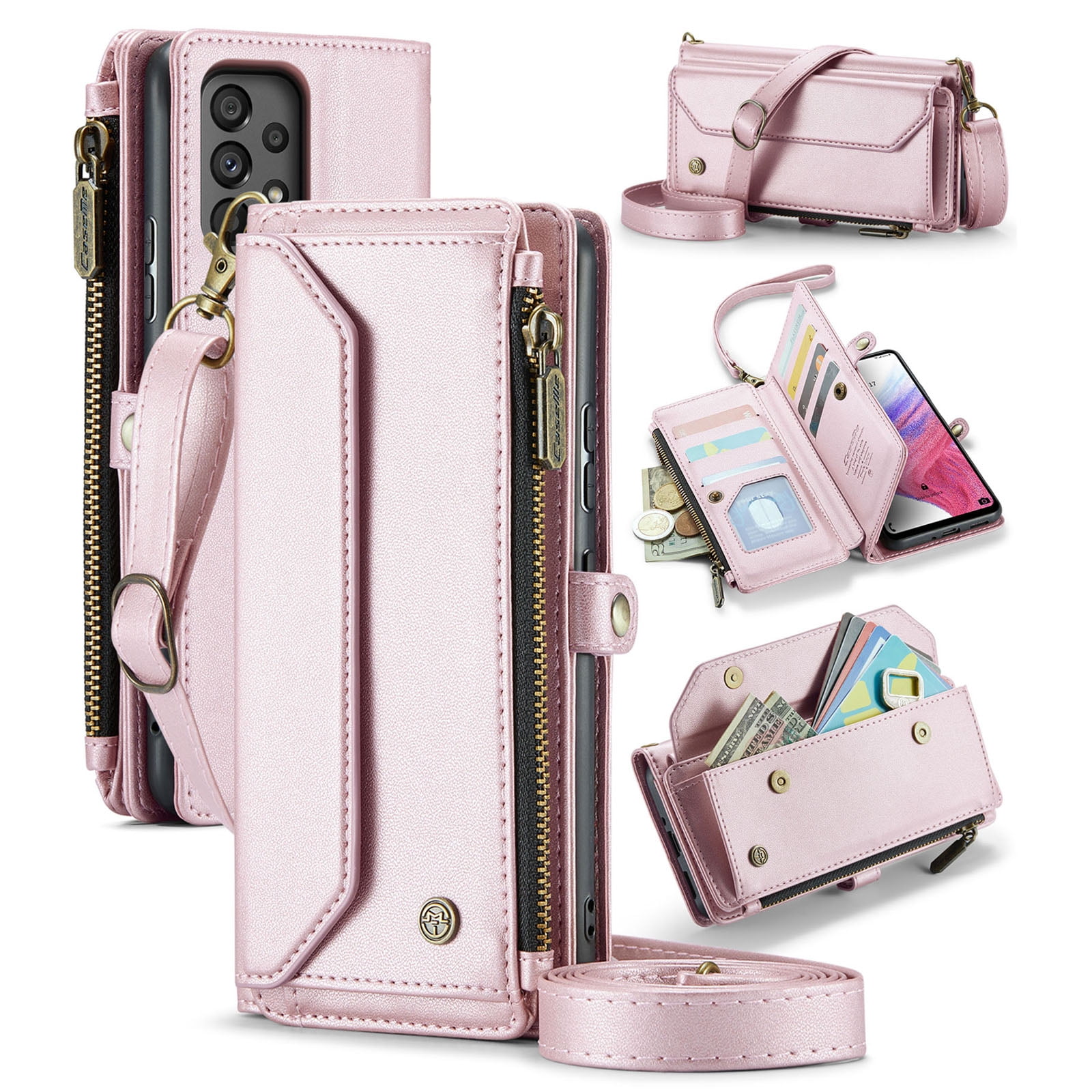Dteck for Samsung A23 Case with RFID Blocking Wallet Case for Women Men, Shockproof PU Leather Magnetic Flip Strap Zipper Card Holder Phone Case,Pink
