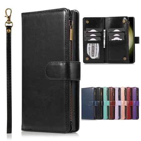 Dteck for Samsung Galaxy A06 Wallet Case, PU Leather Phone Case Women Men Kickstand Flip Cover Wrist Strap Zipper Pocket 9-Credit Card Slots,Black