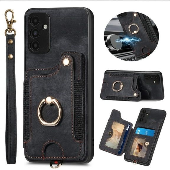Dteck for Samsung Galaxy A12 5G Case Wallet with Card Holder,Ring Stand,Wrist Strap,RFID-Blocking PU Leather Protective Magnetic Flip Cover, Black