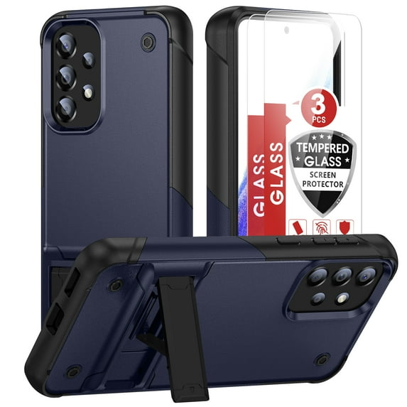 Dteck for Samsung Galaxy A14 5G Case with Glass Screen Protector 3 Pack, Hybrid Shockproof Rugged Case with Kickstand for Samsung A14 5G,Blue