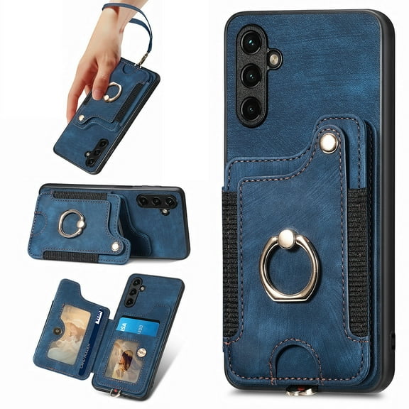 Dteck for Samsung Galaxy A34 5G Case Wallet with Card Holder,Ring Stand,Wrist Strap,RFID-Blocking PU Leather Protective Magnetic Flip Cover, Blue