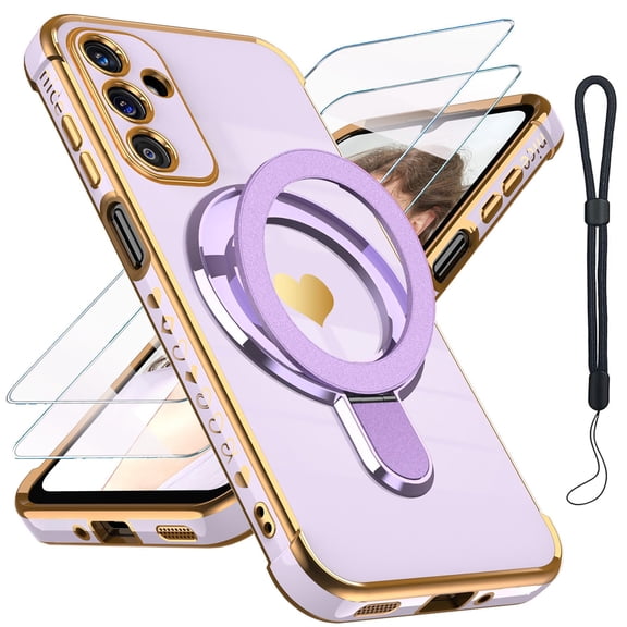 Dteck for Samsung Galaxy A36 5G Case with Screen Protector (2 Pack), Love Heart Kickstand Plated Edge Slim Soft TPU Shockproof Phone Cover,Purple