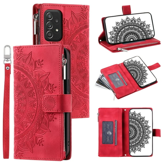 Dteck for Samsung Galaxy A54 5G Wallet Case Magnetic Cover Zipper Cash Pocket Handbag Multi 8 Card Slots Holder Wrist Strap Lanyard, Red