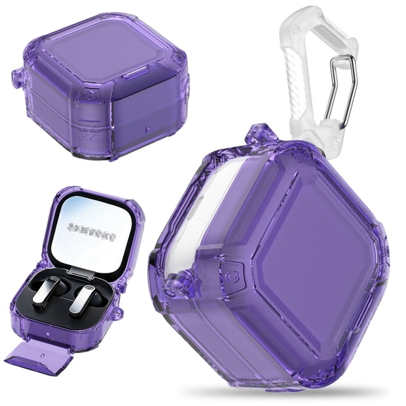 Dteck for Samsung Galaxy Bud 4 Pro Case / Galaxy Bud 4 Case with Carabiner, Crystal Clear Protective Cover with Phone Stand,Purple