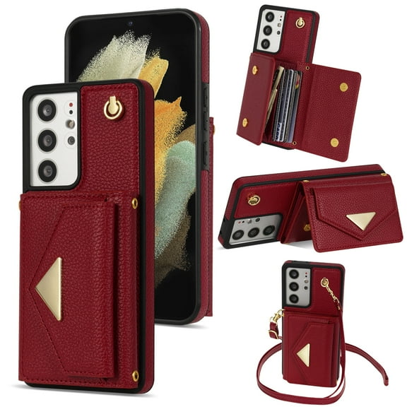Dteck for Samsung Galaxy S21 FE Wallet Case with Crossbody Lanyard, PU Leather Card Holder Purse Shockproof Phone Cover for Samsung Galaxy S21 FE,Red
