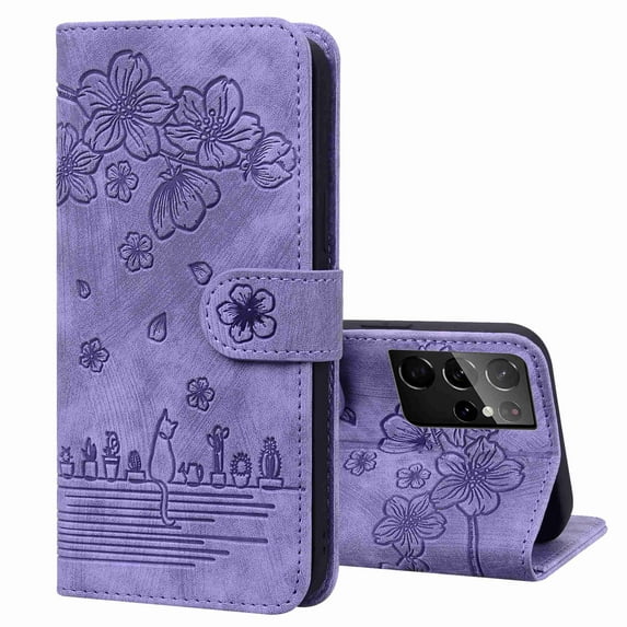 Dteck for Samsung Galaxy S21 Ultra Wallet Case, Floral Cat Embossed Leather Wallet Stand Flip Protective Case Cover with Card Holder,Purple