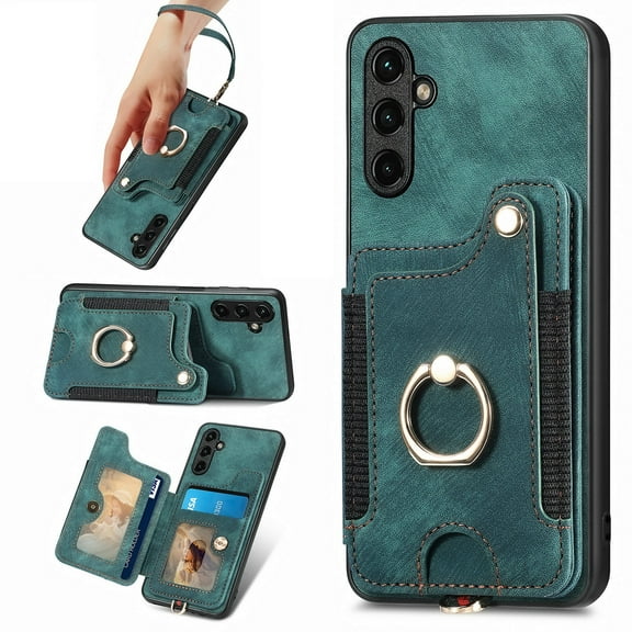 Dteck for Samsung Galaxy S22 Case Wallet with Card Holder,Ring Stand,Wrist Strap,RFID-Blocking PU Leather Protective Magnetic Flip Cover, Green