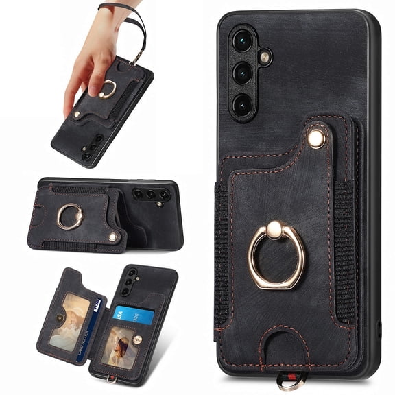 Dteck for Samsung Galaxy S23 Case Wallet with Card Holder,Ring Stand,Wrist Strap,RFID-Blocking PU Leather Protective Magnetic Flip Cover, Black