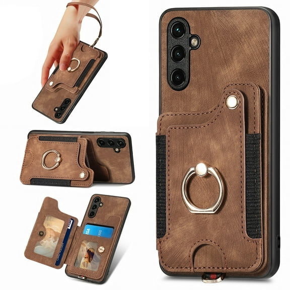 Dteck for Samsung Galaxy S23 Plus Case Wallet with Card Holder,Ring Stand,Wrist Strap,RFID-Blocking PU Leather Protective Magnetic Flip Cover, Brown