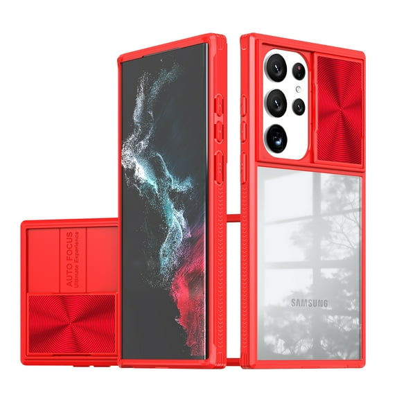 Dteck for Samsung Galaxy S23 Ultra Case (2023), Shockproof Rugged with Slide Lens Protection Hard PC Back TPU Bumper Cover Slim Fit Clear Case, Red