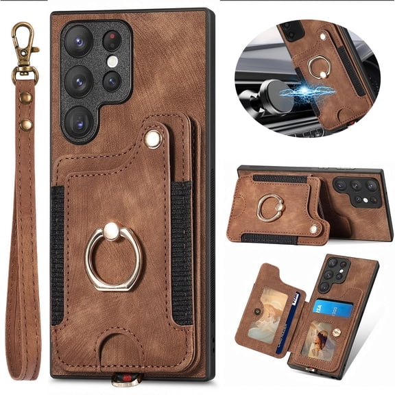 Dteck for Samsung Galaxy S23 Ultra Case Wallet with Card Holder,Ring Stand,Wrist Strap,RFID-Blocking PU Leather Protective Magnetic Flip Cover, Brown