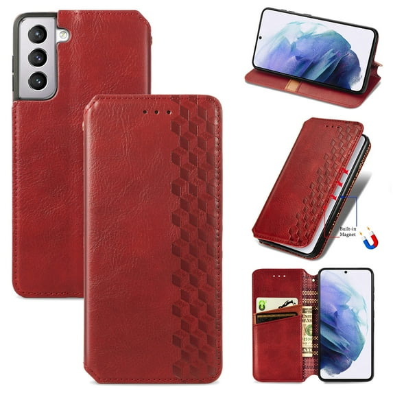 Dteck for Samsung Galaxy S24, Shockproof Business Leather Case Magnetic Flip Back Cover Credit Card Holder Slot Kickstand Wallet Case,Red