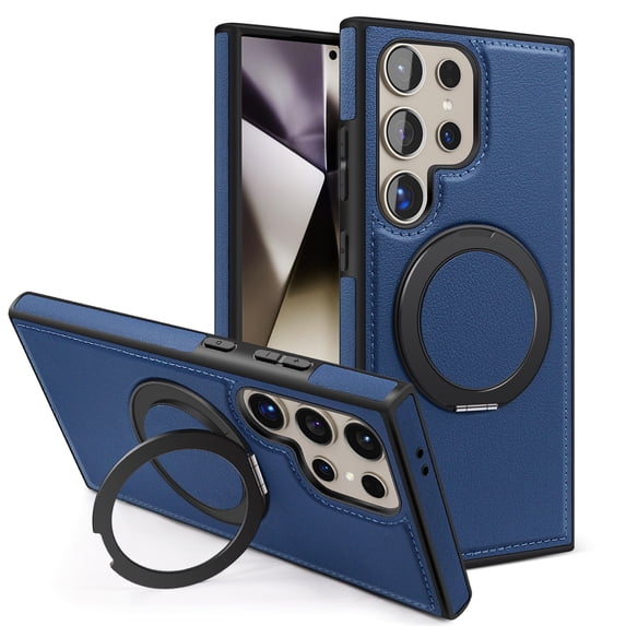 Dteck for Samsung Galaxy S25 Case PU Leather Magnetic, Compatible with MagSafe Accessory Rotatable Ring Stand & Kickstand Phone Cover, Blue