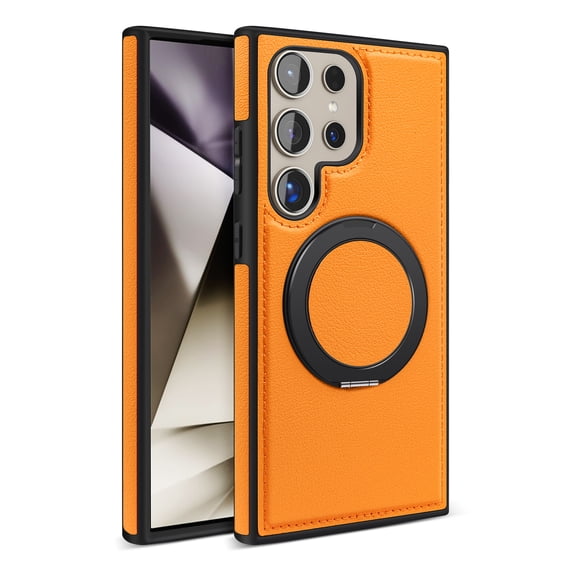 Dteck for Samsung Galaxy S25 Case PU Leather Magnetic, Compatible with MagSafe Accessory Rotatable Ring Stand & Kickstand Phone Cover, Orange