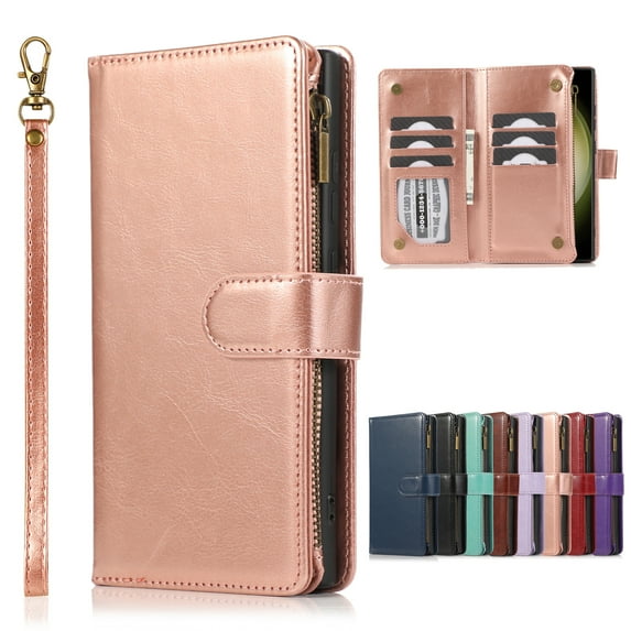 Dteck for Samsung Galaxy S25 Wallet Case, PU Leather Phone Case Women Men Kickstand Flip Cover Wrist Strap Zipper Pocket 9-Credit Card Slots,Rosegold