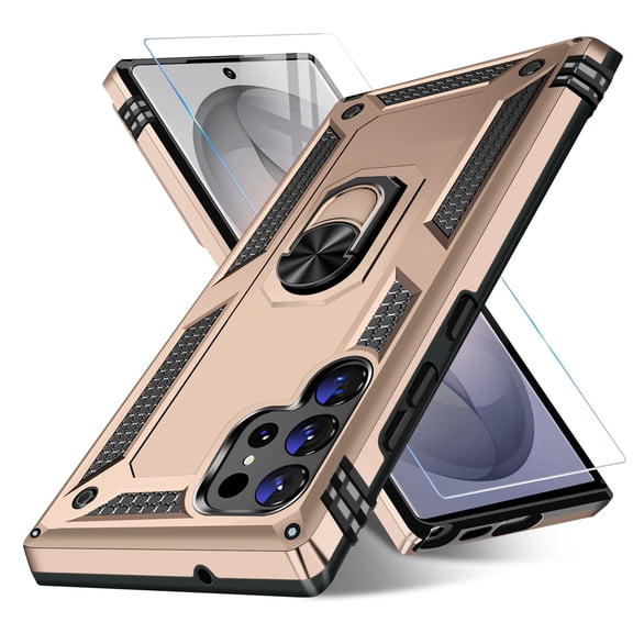 Dteck for Samsung Galaxy S26 Ultra Case with Screen Protector, Shockproof Rugged Protective Phone Cover with Metal Ring Stand,Gold