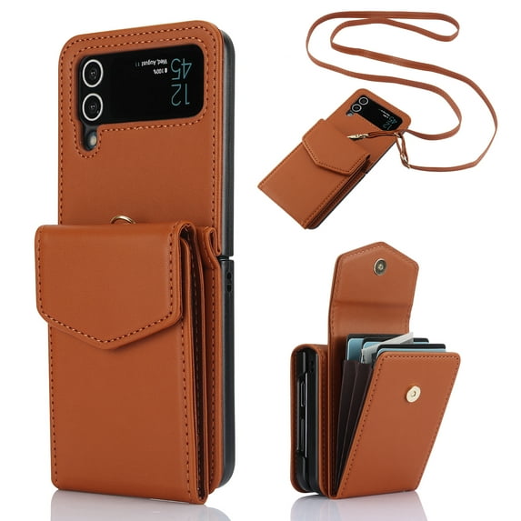 Dteck for Samsung Galaxy Z Flip 3 Wallet Case,Leather Case with 3 Accordion Card Slots and RFID Blocking Adjustable Crossbody Strap for Unisex,Brown