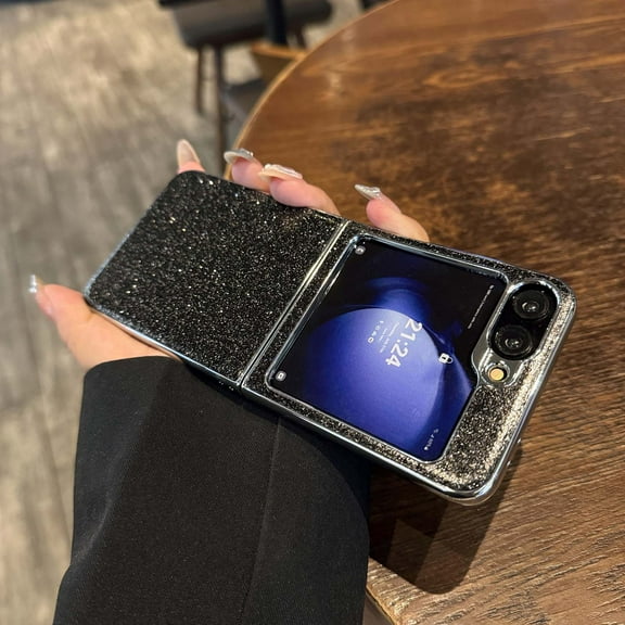 Dteck for Samsung Galaxy Z Flip 4 5G Bling Glitter Case, Cute Plating Slim Thin Shockproof Sparkly Hard PC Back Cover for Women Girl, Black