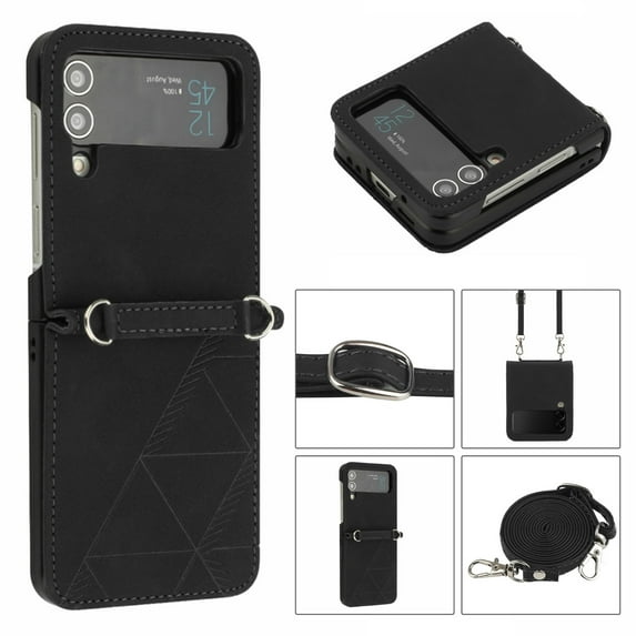 Dteck for Samsung Galaxy Z Flip 4 5G Case, Crossbody Phone Case Cover with Detachable Lanyard, PU Leather Cover for Samsung Flip 4 2022, Black