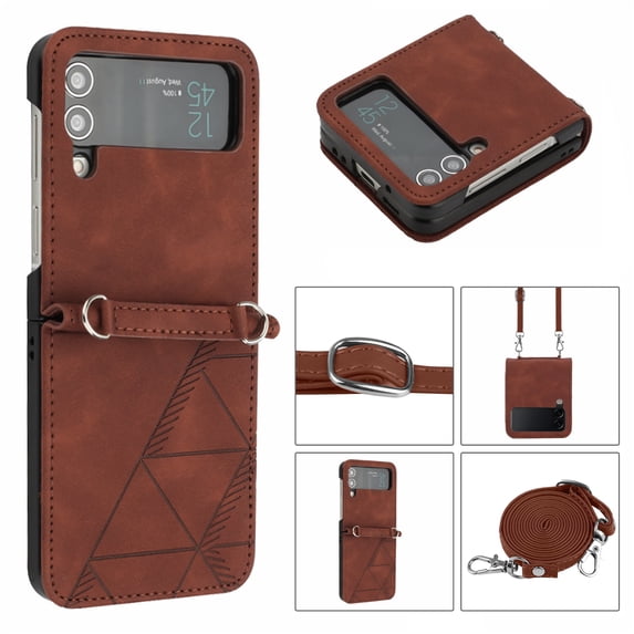 Dteck for Samsung Galaxy Z Flip 4 5G Case, Crossbody Phone Case Cover with Detachable Lanyard, PU Leather Cover for Samsung Flip 4 2022, Brown