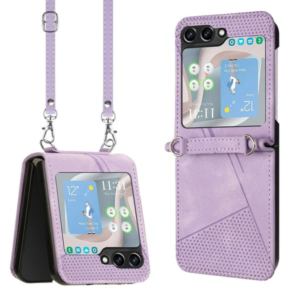 Dteck for Samsung Galaxy Z Flip 6 Case, Shockproof PU Leather Crossbody Lanyard Cover Protective Strap Case for Galaxy Z Flip 6,Purple