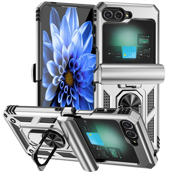 Dteck for Samsung Galaxy Z Flip 7 FE / Z Flip 6 Case with Ring Holder Kickstand, Hinge Protection Heavy Duty Shockproof Rugged Protective Phone Cover,Silver
