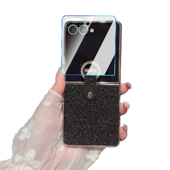 Dteck for Samsung Galaxy Z Flip 7 Case with Screen Protector, Glitter Sparkle Shiny PC Cover with Diamond Ring Grip Holder for Women,Black