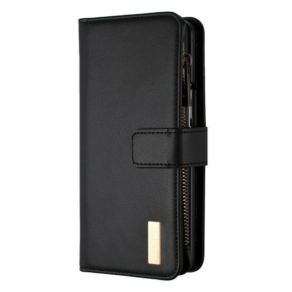 Dteck for Samsung Galaxy Z Fold 4 Case, Hangbag PU Leather Flip Phone Case for Galaxy Z Fold 4 with 9 Card Slots Holder Zipper Pocket, Black