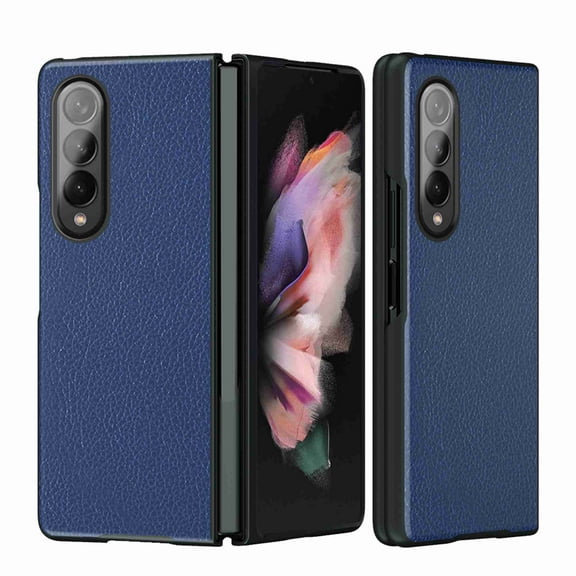 Dteck for Samsung Galaxy Z Fold 4 Case, Slim Flit Premium Lychee Leather + Hard PC Bumper Shockproof Phone Case,Blue