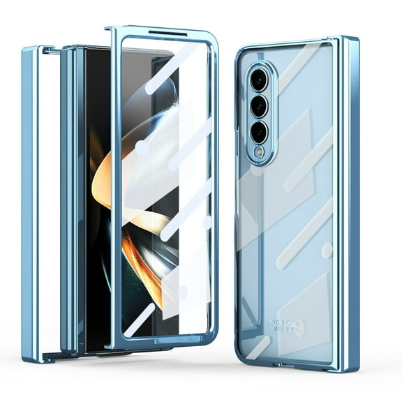 Dteck for Samsung Galaxy Z Fold 5 Case Hinge Protection Luxury Plating Transparent All-Inclusive Case Bulit-in Screen Protector,Blue