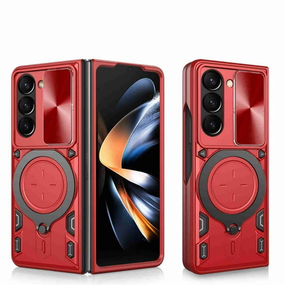 Dteck for Samsung Galaxy Z Fold 7 Case with Ring Stand, Shockproof Rugged Phone Case with Camera Cover Sliding for Galaxy Z Fold7 2025,Red